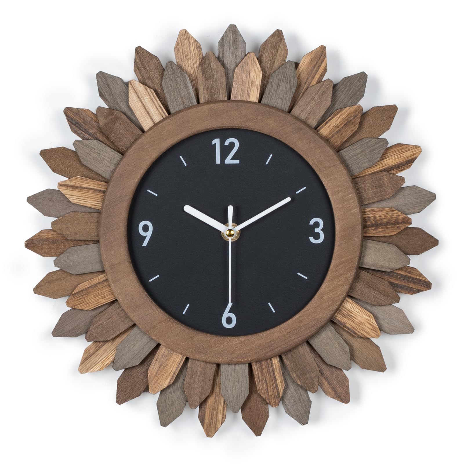 Honiway Wall Clock Battery Operated 12 in Rustic Wood Boho Sunburst Decorative Wall Clock Silent Non Ticking Farmhouse Small Wall Clocks for Living Room Kitchen Bathroom Bedroom Decor (Rustic Brown)