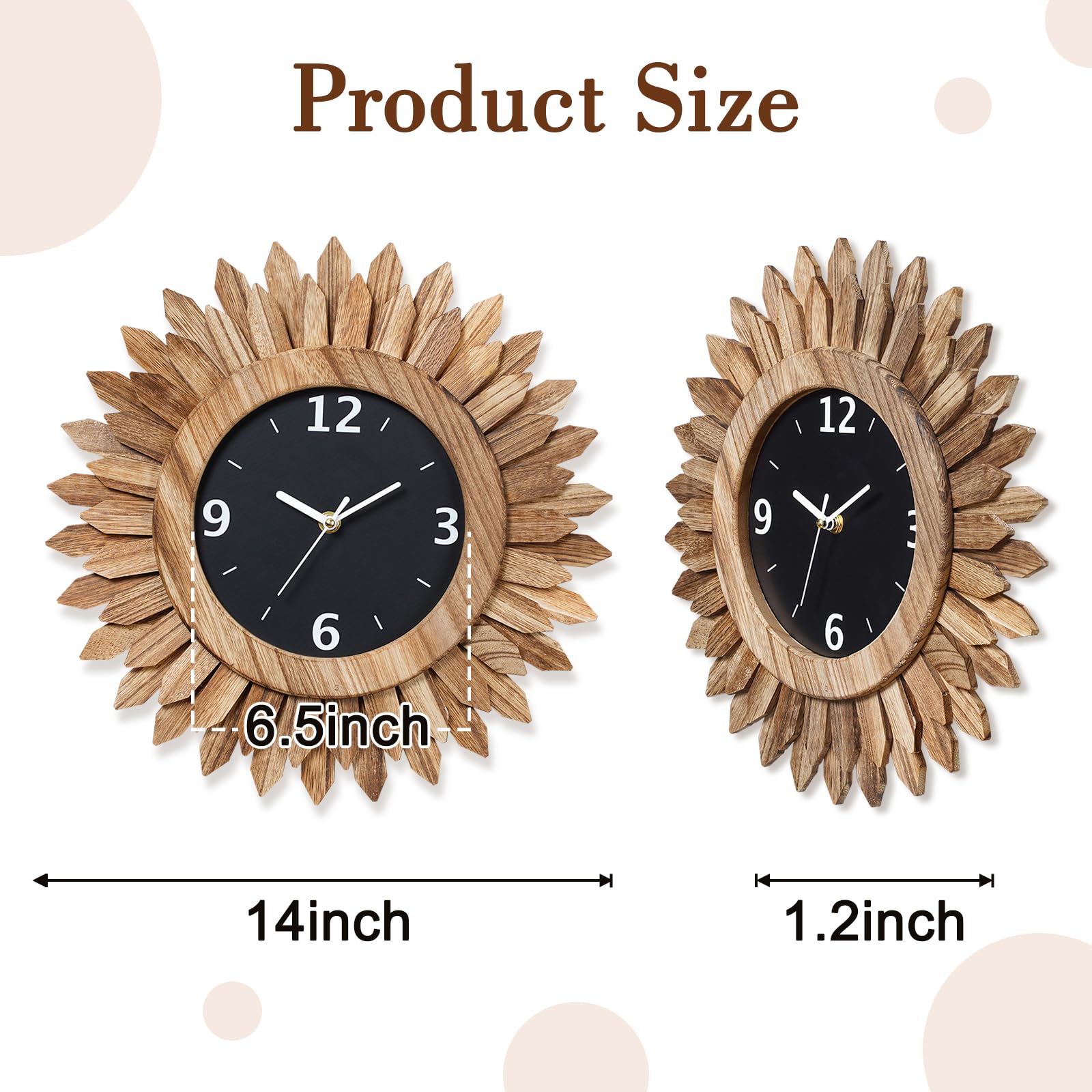 Honiway Wall Clock Battery Operated 12 in Rustic Wood Boho Sunburst Decorative Wall Clock Silent Non Ticking Farmhouse Small Wall Clocks for Living Room Kitchen Bathroom Bedroom Decor (Rustic Brown)